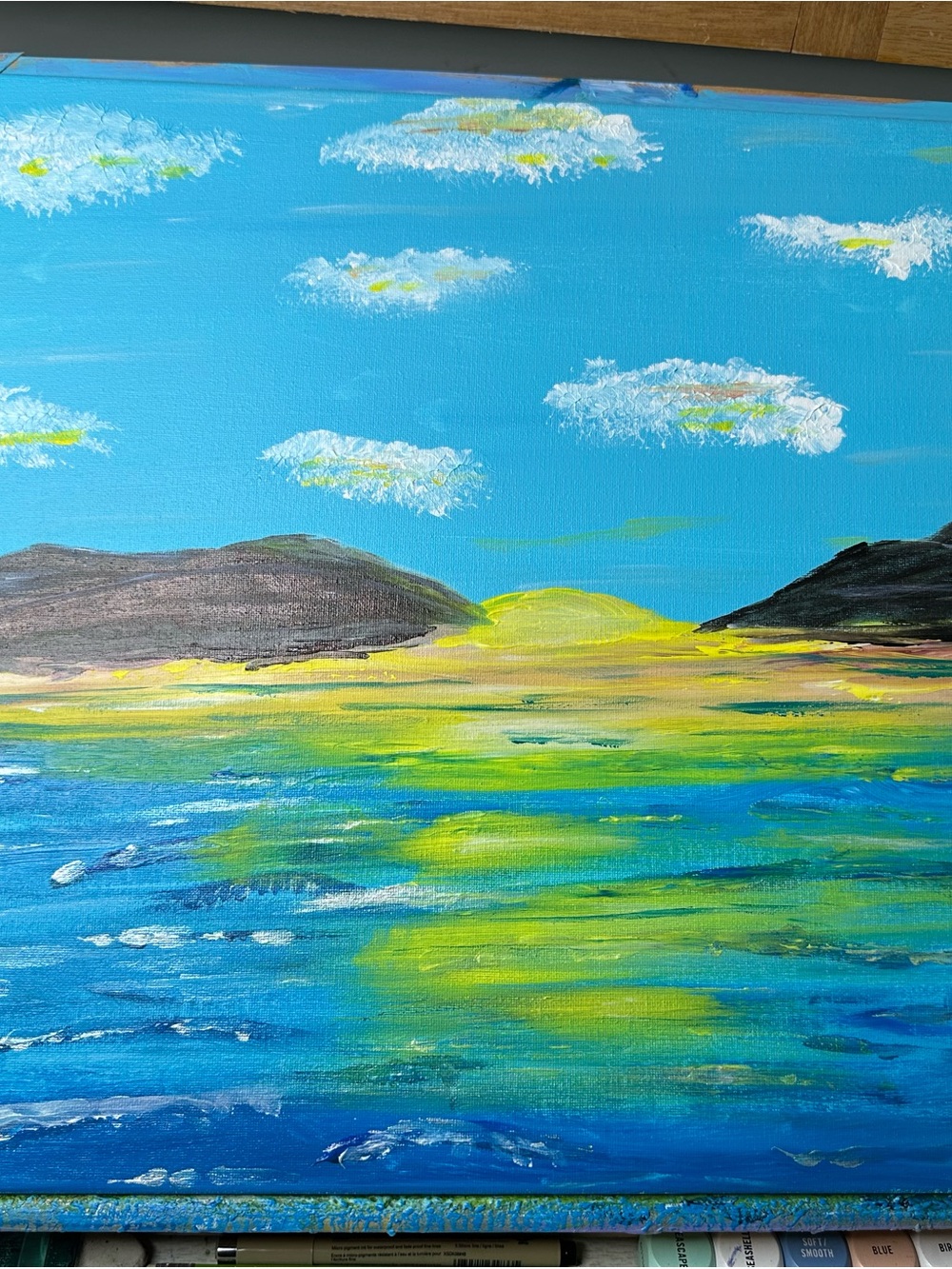 Hand-Painted Coastal Horizon Canvas in Blue, Yellow and Green
